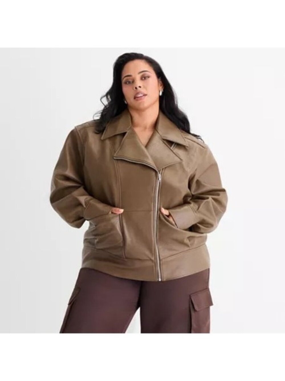 Ashley Graham Light Brown Faux Leather Moto Jacket 2X With Tags